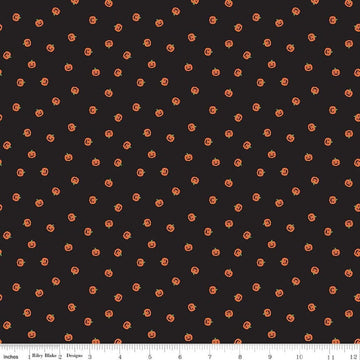 Image of Seasonal Basics Jacks Black quilting cotton fabric by Christopher Thompson for Riley Blake Designs. Features pumpkins on a black background. Cute Little Fabric Shop.