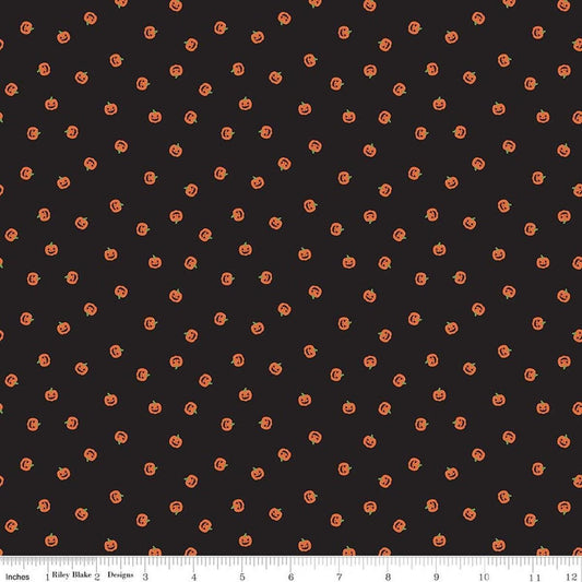 Image of Seasonal Basics Jacks Black quilting cotton fabric by Christopher Thompson for Riley Blake Designs. Features pumpkins on a black background. Cute Little Fabric Shop.