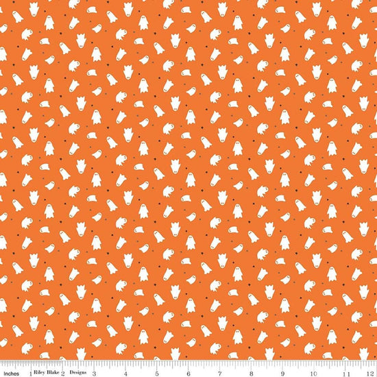 Image of Seasonal Basics Ghosts Orange quilting cotton fabric by Christopher Thompson for Riley Blake Designs. Features ghosts on an orange background. Cute Little Fabric Shop.