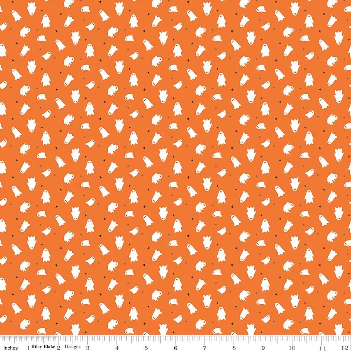 Image of Seasonal Basics Ghosts Orange quilting cotton fabric by Christopher Thompson for Riley Blake Designs. Features ghosts on an orange background. Cute Little Fabric Shop.