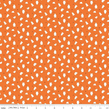 Image of Seasonal Basics Ghosts Orange quilting cotton fabric by Christopher Thompson for Riley Blake Designs. Features ghosts on an orange background. Cute Little Fabric Shop.