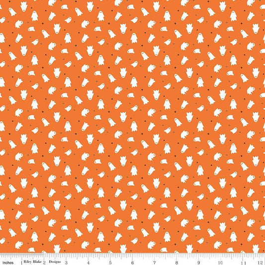 Image of Seasonal Basics Ghosts Orange quilting cotton fabric by Christopher Thompson for Riley Blake Designs. Features ghosts on an orange background. Cute Little Fabric Shop.