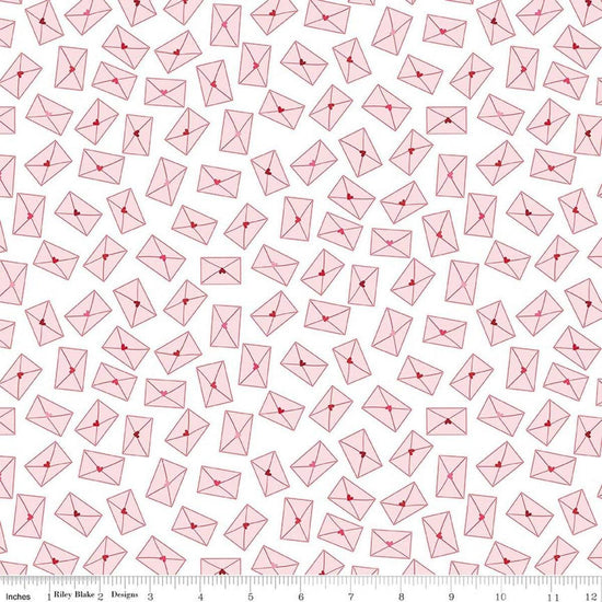Image of Seasonal Basics Love Notes White quilting cotton fabric by Christopher Thompson for Riley Blake Designs. Features envelopes on a white background. Cute Little Fabric Shop.