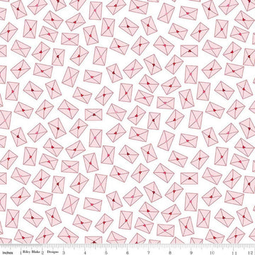 Image of Seasonal Basics Love Notes White quilting cotton fabric by Christopher Thompson for Riley Blake Designs. Features envelopes on a white background. Cute Little Fabric Shop.