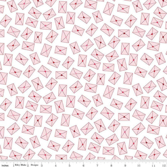 Image of Seasonal Basics Love Notes White quilting cotton fabric by Christopher Thompson for Riley Blake Designs. Features envelopes on a white background. Cute Little Fabric Shop.