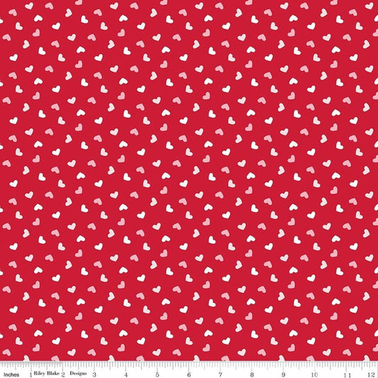 Image of Seasonal Basics Heart Toss Red quilting cotton fabric by Christopher Thompson for Riley Blake Designs. Features hearts on a red background. Cute Little Fabric Shop.