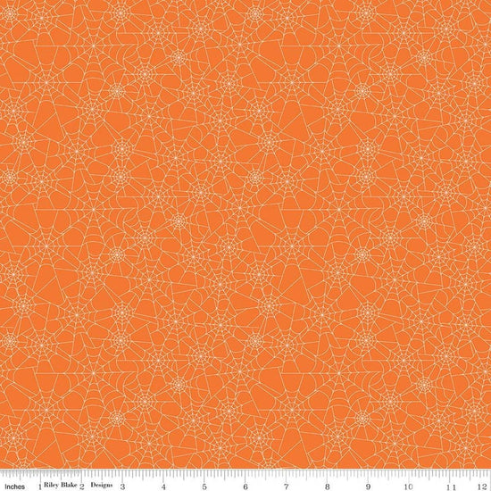 Image of Seasonal Basics Spider Webs Orange quilting cotton fabric by Christopher Thompson for Riley Blake Designs. Features spider webs on an orange background. Cute Little Fabric Shop.