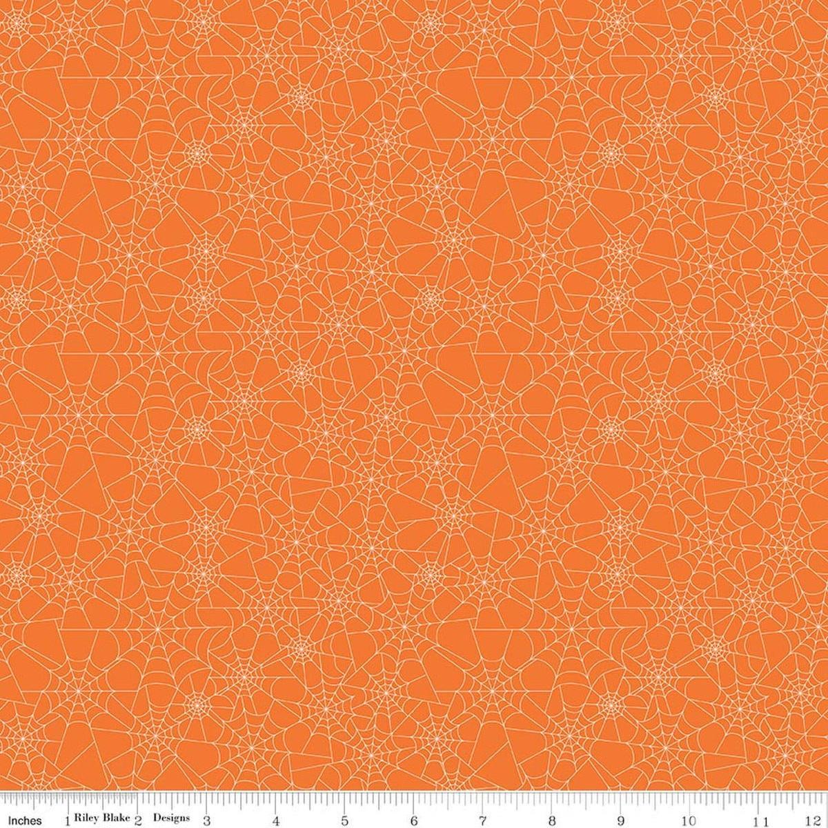 Image of Seasonal Basics Spider Webs Orange quilting cotton fabric by Christopher Thompson for Riley Blake Designs. Features spider webs on an orange background. Cute Little Fabric Shop.