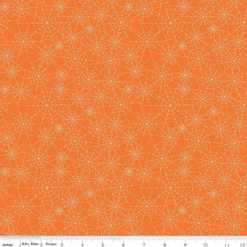 Image of Seasonal Basics Spider Webs Orange quilting cotton fabric by Christopher Thompson for Riley Blake Designs. Features spider webs on an orange background. Cute Little Fabric Shop.