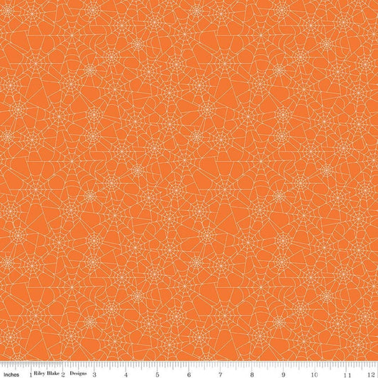Image of Seasonal Basics Spider Webs Orange quilting cotton fabric by Christopher Thompson for Riley Blake Designs. Features spider webs on an orange background. Cute Little Fabric Shop.
