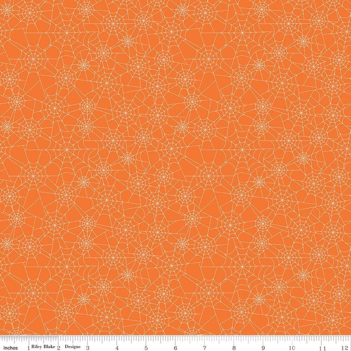 Image of Seasonal Basics Spider Webs Orange quilting cotton fabric by Christopher Thompson for Riley Blake Designs. Features spider webs on an orange background. Cute Little Fabric Shop.