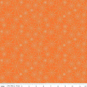 Image of Seasonal Basics Spider Webs Orange quilting cotton fabric by Christopher Thompson for Riley Blake Designs. Features spider webs on an orange background. Cute Little Fabric Shop.