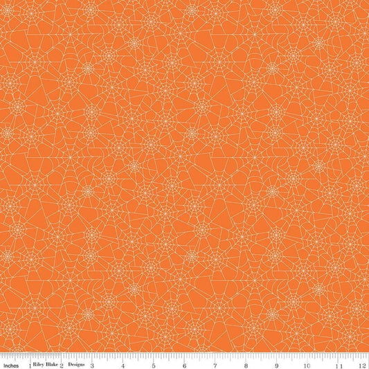 Image of Seasonal Basics Spider Webs Orange quilting cotton fabric by Christopher Thompson for Riley Blake Designs. Features spider webs on an orange background. Cute Little Fabric Shop.
