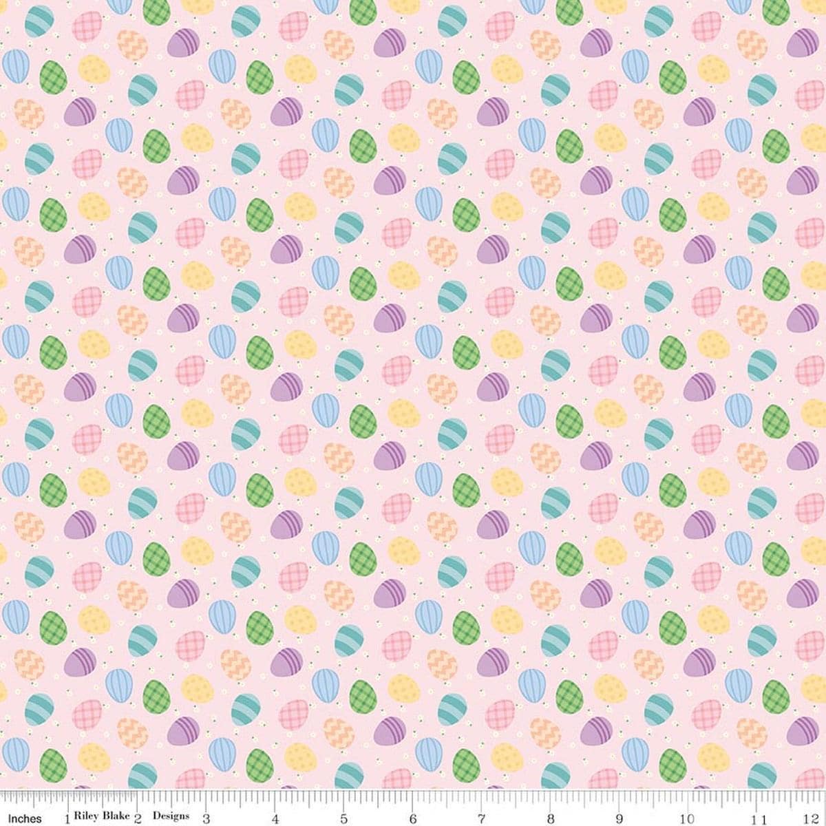 Image of Seasonal Basics Egg Toss Pink quilting cotton fabric by Christopher Thompson for Riley Blake Designs. Features eggs on a pink background. Cute Little Fabric Shop.