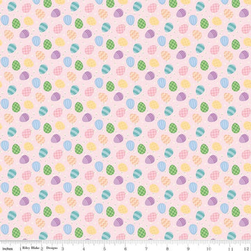 Image of Seasonal Basics Egg Toss Pink quilting cotton fabric by Christopher Thompson for Riley Blake Designs. Features eggs on a pink background. Cute Little Fabric Shop.