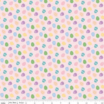 Image of Seasonal Basics Egg Toss Pink quilting cotton fabric by Christopher Thompson for Riley Blake Designs. Features eggs on a pink background. Cute Little Fabric Shop.