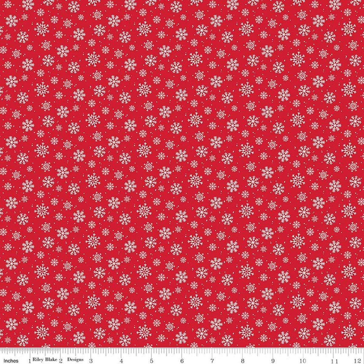 Image of Seasonal Basics Snowflakes Red quilting cotton fabric by Christopher Thompson for Riley Blake Designs. Features snowflakes on a red background. Cute Little Fabric Shop.