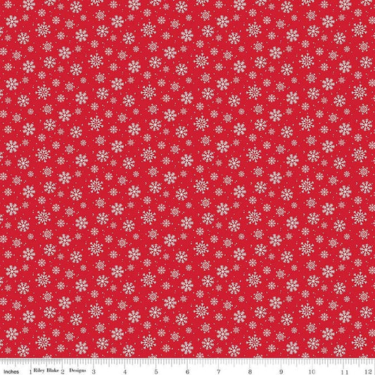 Image of Seasonal Basics Snowflakes Red quilting cotton fabric by Christopher Thompson for Riley Blake Designs. Features snowflakes on a red background. Cute Little Fabric Shop.