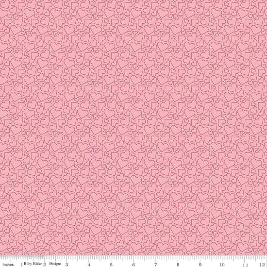 Image of Seasonal Basics Heart Outlines Pink quilting cotton fabric by Christopher Thompson for Riley Blake Designs. Features hearts on a pink background. Cute Little Fabric Shop.