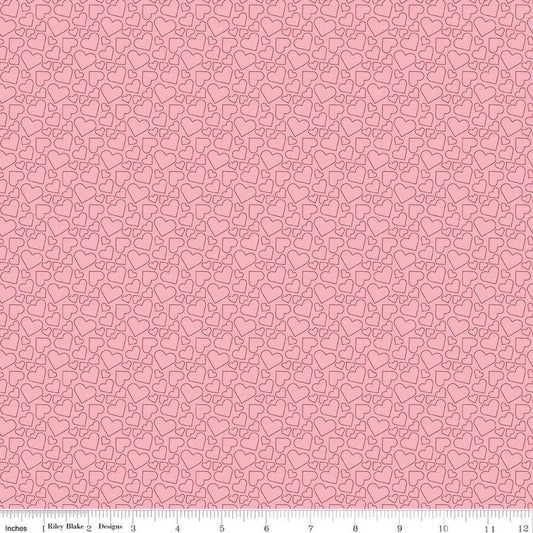 Image of Seasonal Basics Heart Outlines Pink quilting cotton fabric by Christopher Thompson for Riley Blake Designs. Features hearts on a pink background. Cute Little Fabric Shop.