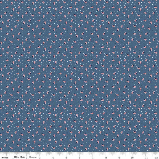 Image of Seasonal Basics Grand Ol' Flag Denim quilting cotton fabric by Christopher Thompson for Riley Blake Designs. Features American flags on a blue background. Cute Little Fabric Shop.