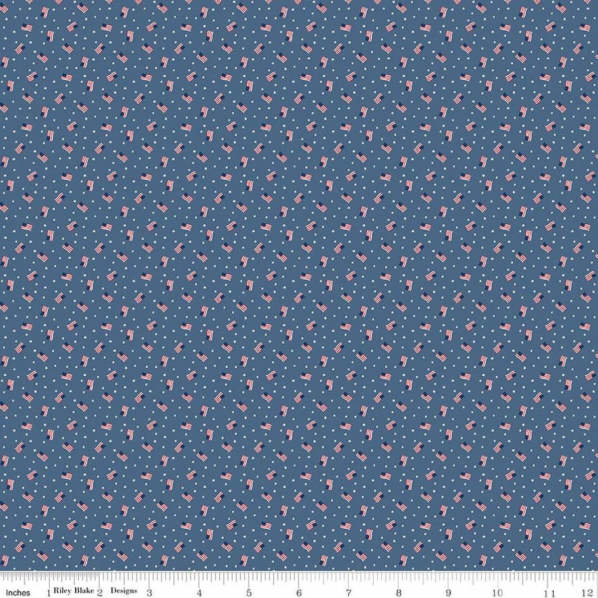 Image of Seasonal Basics Grand Ol' Flag Denim quilting cotton fabric by Christopher Thompson for Riley Blake Designs. Features American flags on a blue background. Cute Little Fabric Shop.