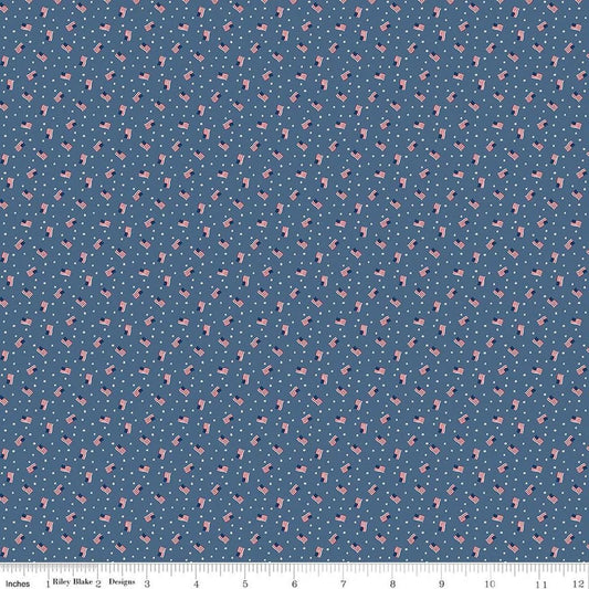Image of Seasonal Basics Grand Ol' Flag Denim quilting cotton fabric by Christopher Thompson for Riley Blake Designs. Features American flags on a blue background. Cute Little Fabric Shop.