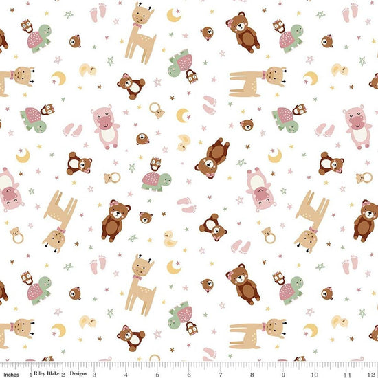 Image of Designer Flannel Baby Girl Animal Toss White by Lori Whitlock for Riley Blake Designs. Features animals on a white background. Cute Little Fabric Shop.