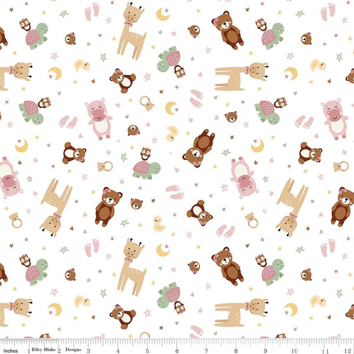 Image of Designer Flannel Baby Girl Animal Toss White by Lori Whitlock for Riley Blake Designs. Features animals on a white background. Cute Little Fabric Shop.