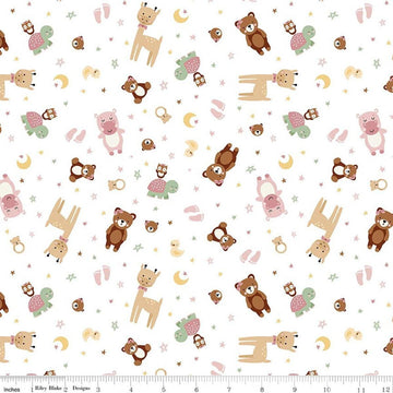 Image of Designer Flannel Baby Girl Animal Toss White by Lori Whitlock for Riley Blake Designs. Features animals on a white background. Cute Little Fabric Shop.