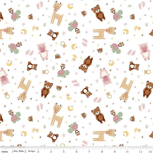 Image of Designer Flannel Baby Girl Animal Toss White by Lori Whitlock for Riley Blake Designs. Features animals on a white background. Cute Little Fabric Shop.