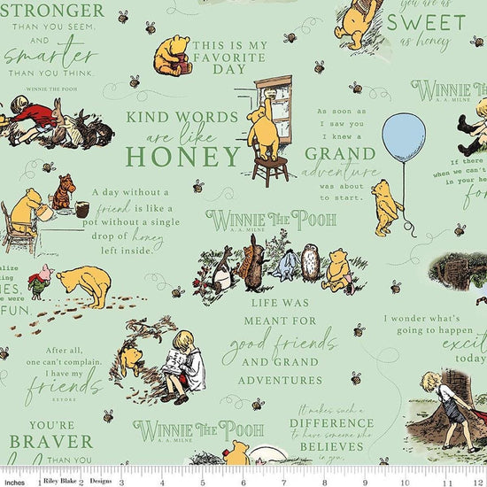 Image of Designer Flannel Winnie the Pooh Quotes Green by Echo Park Paper Co for Riley Blake Designs. Features words on a green background. Cute Little Fabric Shop.