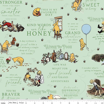 Image of Designer Flannel Winnie the Pooh Quotes Green by Echo Park Paper Co for Riley Blake Designs. Features words on a green background. Cute Little Fabric Shop.