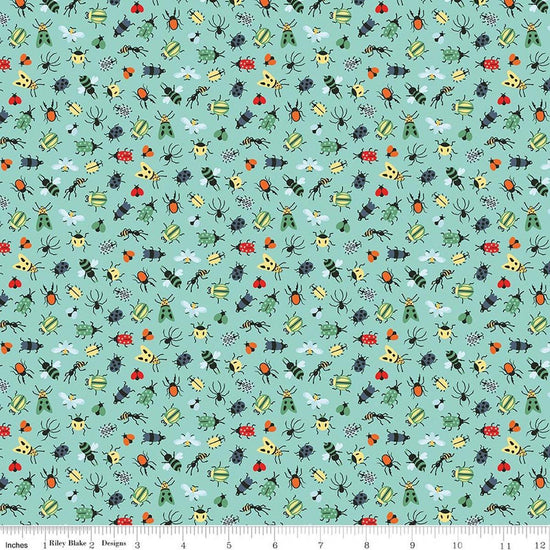 Image of Happy Haven Bug Life Aqua quilting cotton fabric by Shawn Wallace for Riley Blake Designs. Features bugs on a blue background. Cute Little Fabric Shop.