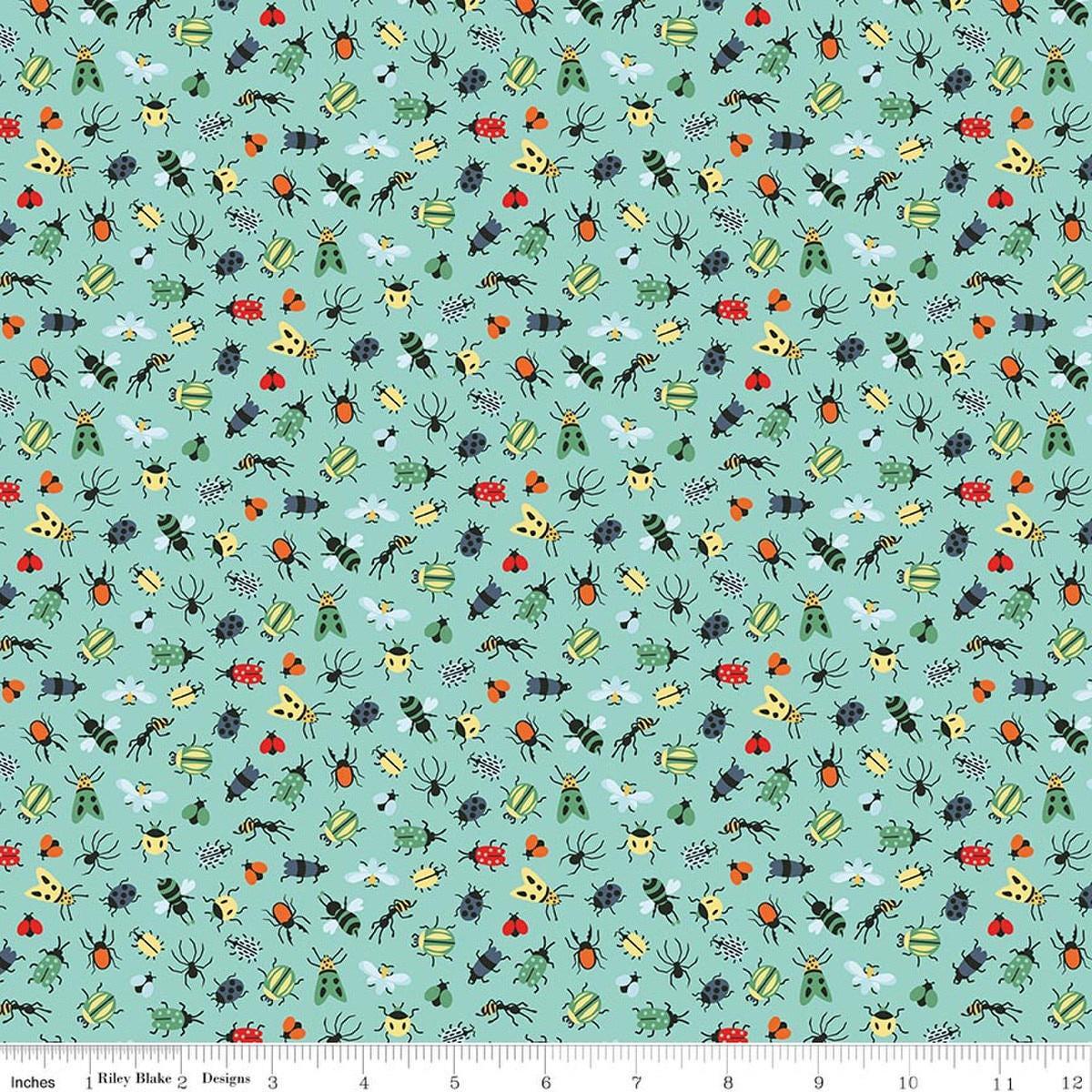 Image of Happy Haven Bug Life Aqua quilting cotton fabric by Shawn Wallace for Riley Blake Designs. Features bugs on a blue background. Cute Little Fabric Shop.