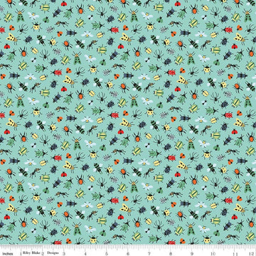 Image of Happy Haven Bug Life Aqua quilting cotton fabric by Shawn Wallace for Riley Blake Designs. Features bugs on a blue background. Cute Little Fabric Shop.
