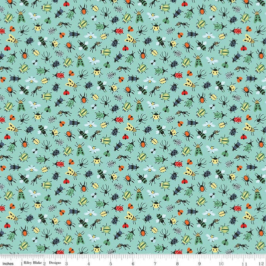 Image of Happy Haven Bug Life Aqua quilting cotton fabric by Shawn Wallace for Riley Blake Designs. Features bugs on a blue background. Cute Little Fabric Shop.