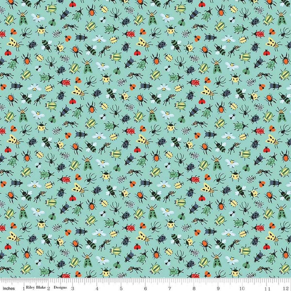 Image of Happy Haven Bug Life Aqua quilting cotton fabric by Shawn Wallace for Riley Blake Designs. Features bugs on a blue background. Cute Little Fabric Shop.