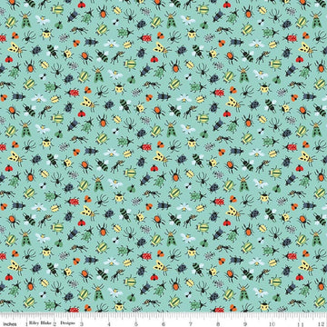 Image of Happy Haven Bug Life Aqua quilting cotton fabric by Shawn Wallace for Riley Blake Designs. Features bugs on a blue background. Cute Little Fabric Shop.