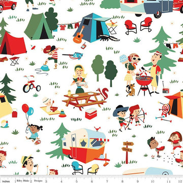 Image of Happy Haven Main White quilting cotton fabric by Shawn Wallace for Riley Blake Designs. Features camping scenes on a white background. Cute Little Fabric Shop.
