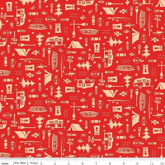 Image of Happy Haven Let's Camp Red quilting cotton fabric by Shawn Wallace for Riley Blake Designs. Features camping gear on a red background. Cute Little Fabric Shop.