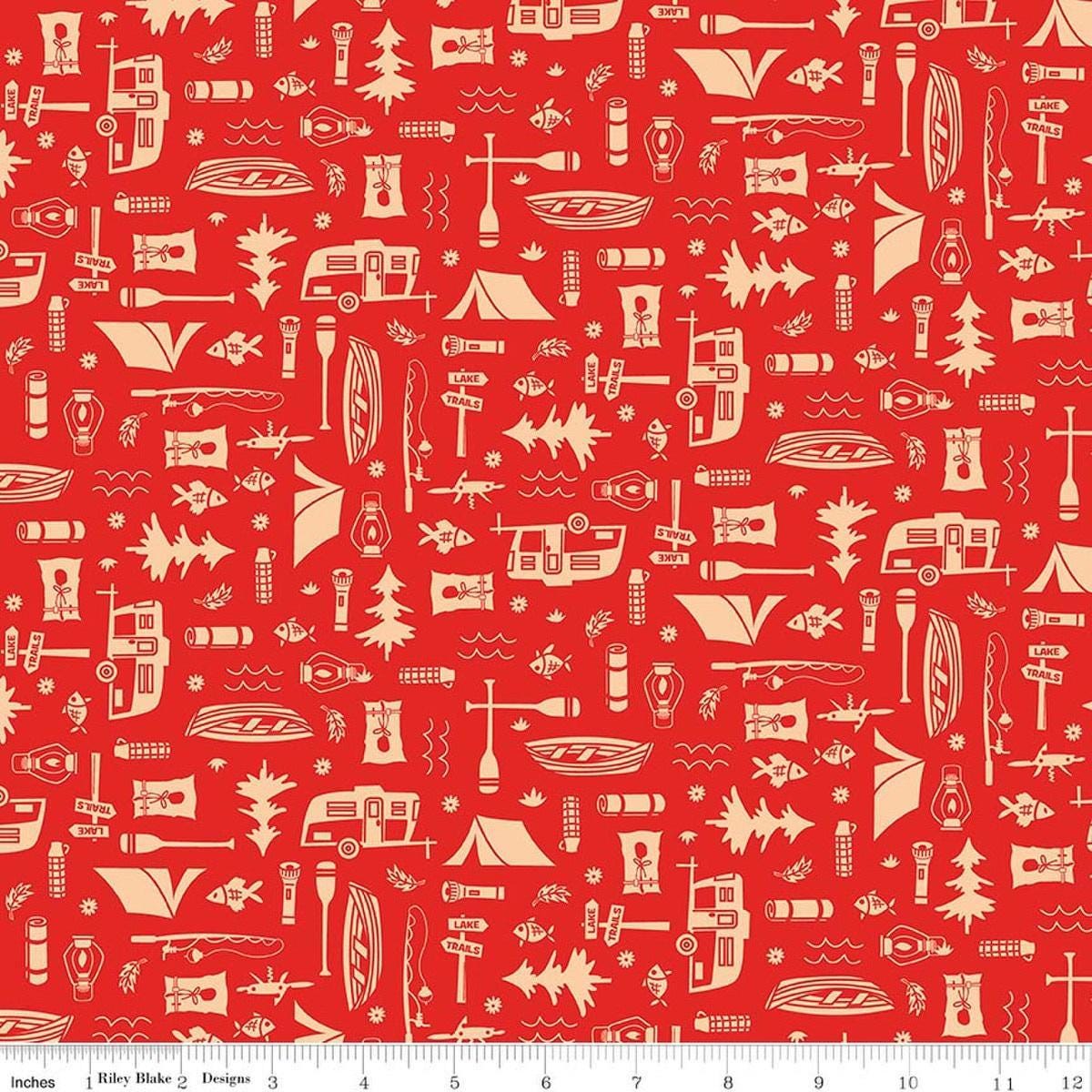 Image of Happy Haven Let's Camp Red quilting cotton fabric by Shawn Wallace for Riley Blake Designs. Features camping gear on a red background. Cute Little Fabric Shop.
