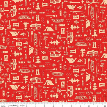 Image of Happy Haven Let's Camp Red quilting cotton fabric by Shawn Wallace for Riley Blake Designs. Features camping gear on a red background. Cute Little Fabric Shop.