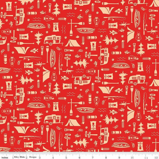 Image of Happy Haven Let's Camp Red quilting cotton fabric by Shawn Wallace for Riley Blake Designs. Features camping gear on a red background. Cute Little Fabric Shop.