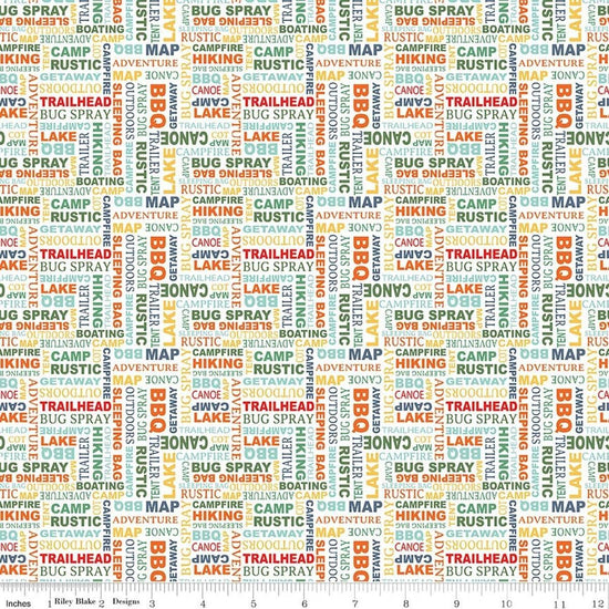 Image of Happy Haven Text White quilting cotton fabric by Shawn Wallace for Riley Blake Designs. Features text on a white background. Cute Little Fabric Shop.