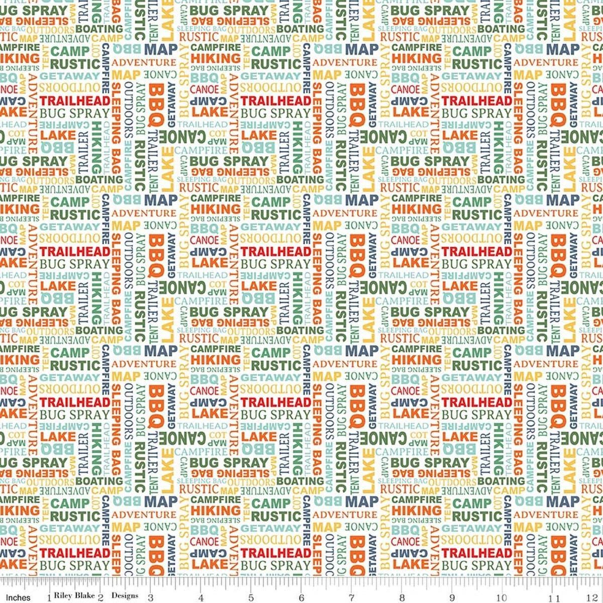 Image of Happy Haven Text White quilting cotton fabric by Shawn Wallace for Riley Blake Designs. Features text on a white background. Cute Little Fabric Shop.
