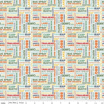 Image of Happy Haven Text White quilting cotton fabric by Shawn Wallace for Riley Blake Designs. Features text on a white background. Cute Little Fabric Shop.
