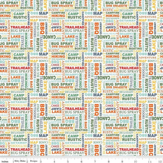Image of Happy Haven Text White quilting cotton fabric by Shawn Wallace for Riley Blake Designs. Features text on a white background. Cute Little Fabric Shop.