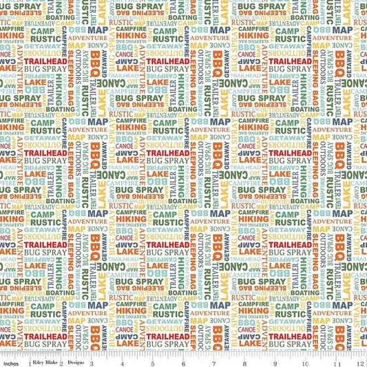 Image of Happy Haven Text White quilting cotton fabric by Shawn Wallace for Riley Blake Designs. Features text on a white background. Cute Little Fabric Shop.