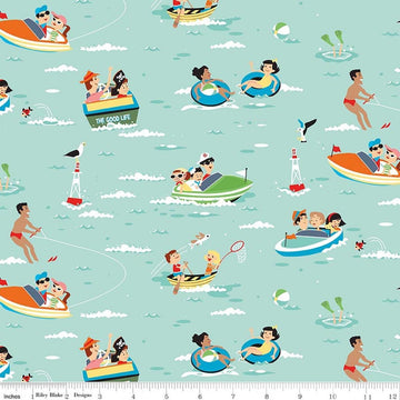 Image of Happy Haven The Good Life Aqua quilting cotton fabric by Shawn Wallace for Riley Blake Designs. Features lake scenes on a blue background. Cute Little Fabric Shop.